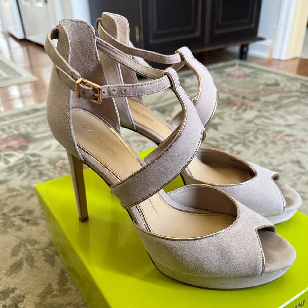 Elegant Taupe/Gold High Heel Platform Sandals